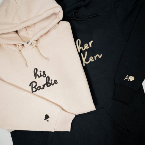 Custom Embroidered His Barbie Her Ken Matching Hoodies for Couples, Personalized Couple Sweatshirt, Couple Embroidered Sweatshirt, Valentine's Day Gifts Idea For Him Her - Image 2