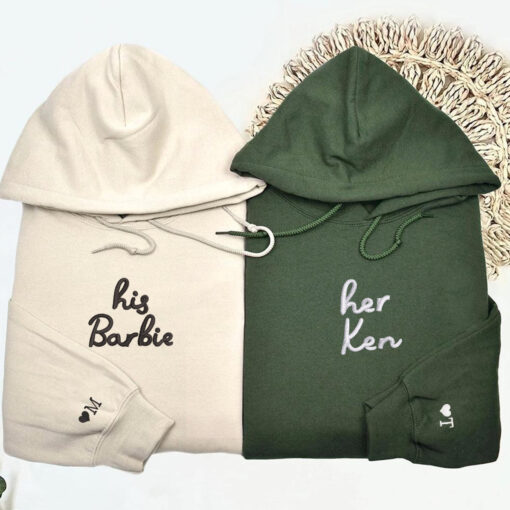Custom Embroidered His Barbie Her Ken Matching Hoodies for Couples, Personalized Couple Sweatshirt, Couple Embroidered Sweatshirt, Valentine's Day Gifts Idea For Him Her - Image 3