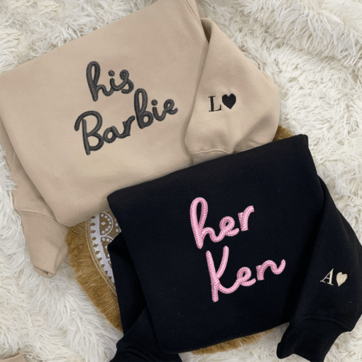 Custom Embroidered His Barbie Her Ken Matching Hoodies for Couples, Personalized Couple Sweatshirt, Couple Embroidered Sweatshirt, Valentine's Day Gifts Idea For Him Her - Image 4