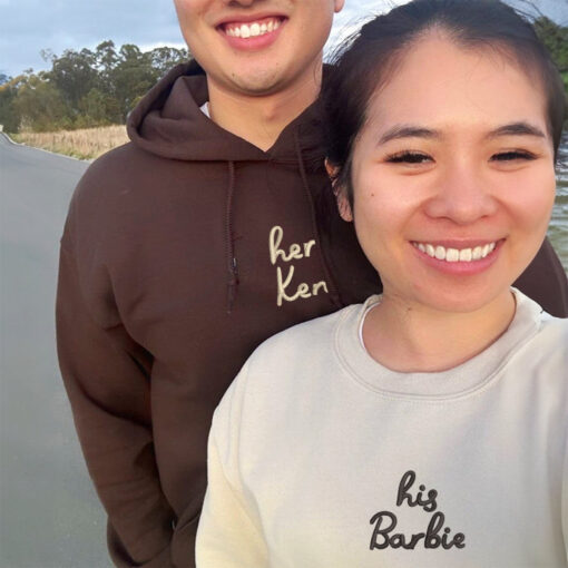 Custom Embroidered His Barbie Her Ken Matching Hoodies for Couples, Personalized Couple Sweatshirt, Couple Embroidered Sweatshirt, Valentine's Day Gifts Idea For Him Her - Image 5
