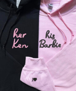 Custom Embroidered His Barbie Her Ken Matching Hoodies for Couples, Personalized Couple Sweatshirt, Couple Embroidered Sweatshirt, Valentine's Day Gifts Idea For Him Her
