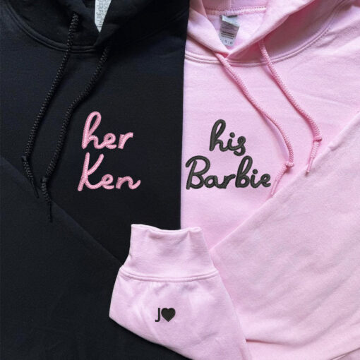 Custom Embroidered His Barbie Her Ken Matching Hoodies for Couples, Personalized Couple Sweatshirt, Couple Embroidered Sweatshirt, Valentine's Day Gifts Idea For Him Her
