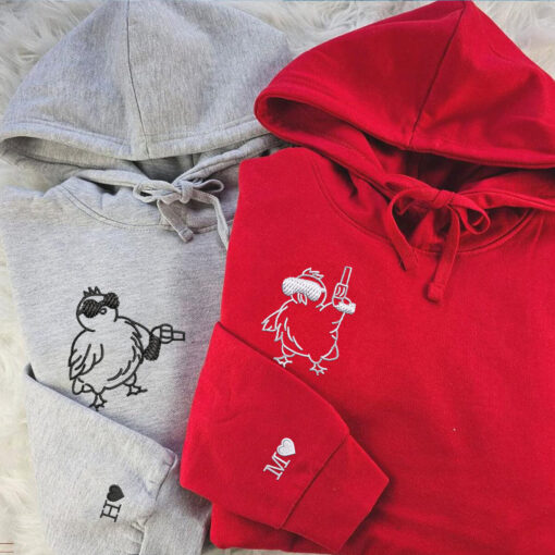 Custom Embroidered Chicken with Gun Matching Hoodies for Couples, Personalized Couple Sweatshirt, Couple Embroidered Sweatshirt, Valentine's Day Gifts Idea For Him Her - Image 2