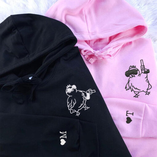 Custom Embroidered Chicken with Gun Matching Hoodies for Couples, Personalized Couple Sweatshirt, Couple Embroidered Sweatshirt, Valentine's Day Gifts Idea For Him Her - Image 3