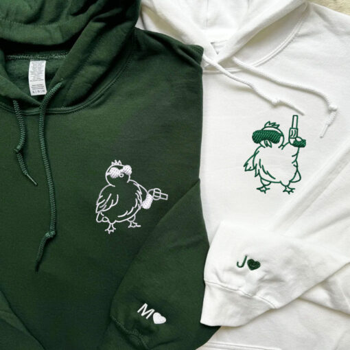 Custom Embroidered Chicken with Gun Matching Hoodies for Couples, Personalized Couple Sweatshirt, Couple Embroidered Sweatshirt, Valentine's Day Gifts Idea For Him Her - Image 5