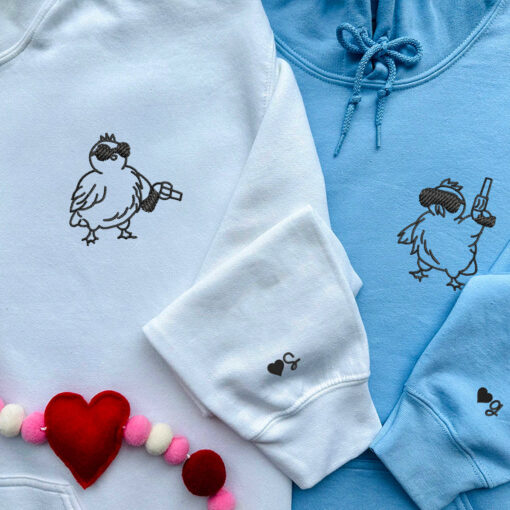 Custom Embroidered Chicken with Gun Matching Hoodies for Couples, Personalized Couple Sweatshirt, Couple Embroidered Sweatshirt, Valentine's Day Gifts Idea For Him Her - Image 7
