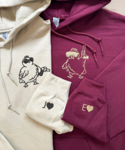 Custom Embroidered Chicken with Gun Matching Hoodies for Couples, Personalized Couple Sweatshirt, Couple Embroidered Sweatshirt, Valentine's Day Gifts Idea For Him Her