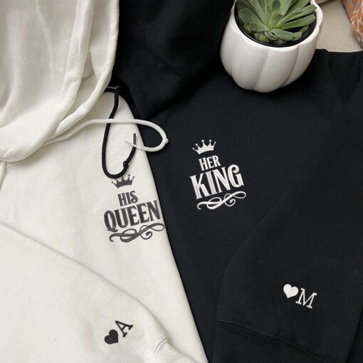 Her King x His Queen Custom Embroidered Matching Hoodies For Couples, Personalized Couple Sweatshirt, Couple Embroidered Sweatshirt, Valentine's Day Gifts Idea For Him Her - Image 2