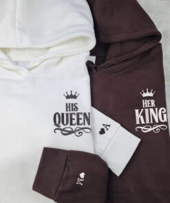 Her King x His Queen Custom Embroidered Matching Hoodies For Couples, Personalized Couple Sweatshirt, Couple Embroidered Sweatshirt, Valentine's Day Gifts Idea For Him Her