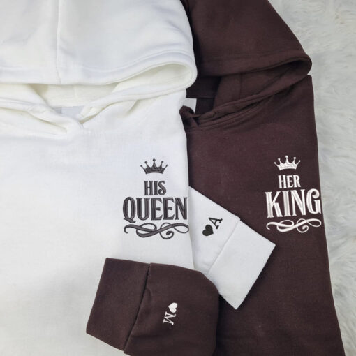 Her King x His Queen Custom Embroidered Matching Hoodies For Couples, Personalized Couple Sweatshirt, Couple Embroidered Sweatshirt, Valentine's Day Gifts Idea For Him Her