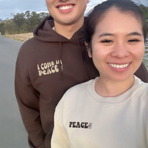Custom I Come In Peace Hoodie, Matching Embroidered Hoodie for Couple, Personalized Couple Sweatshirt, Couple Embroidered Sweatshirt, Valentine's Day Gifts Idea For Him Her - Image 5
