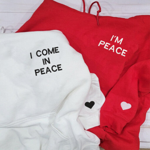 Custom I Come In Peace Hoodie, Matching Embroidered Hoodie for Couple, Personalized Couple Sweatshirt, Couple Embroidered Sweatshirt, Valentine's Day Gifts Idea For Him Her