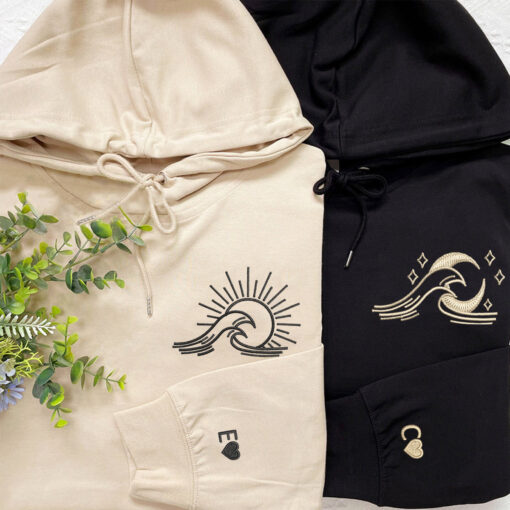 Custom Embroidered Sea Wave Sun And Moon Matching Hoodies for Couples, Personalized Couple Sweatshirt, Couple Embroidered Sweatshirt, Valentine's Day Gifts Idea For Him Her - Image 2