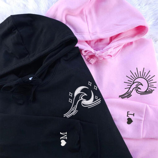 Custom Embroidered Sea Wave Sun And Moon Matching Hoodies for Couples, Personalized Couple Sweatshirt, Couple Embroidered Sweatshirt, Valentine's Day Gifts Idea For Him Her - Image 3