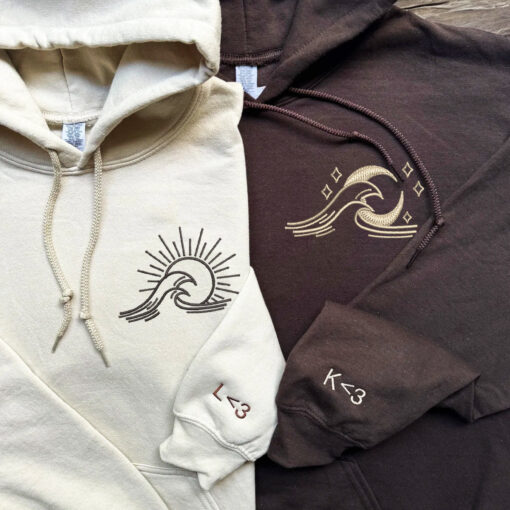 Custom Embroidered Sea Wave Sun And Moon Matching Hoodies for Couples, Personalized Couple Sweatshirt, Couple Embroidered Sweatshirt, Valentine's Day Gifts Idea For Him Her - Image 4