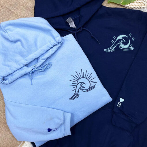 Custom Embroidered Sea Wave Sun And Moon Matching Hoodies for Couples, Personalized Couple Sweatshirt, Couple Embroidered Sweatshirt, Valentine's Day Gifts Idea For Him Her - Image 6