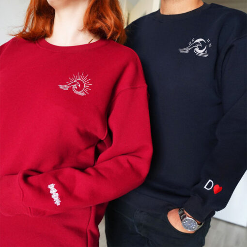 Custom Embroidered Sea Wave Sun And Moon Matching Hoodies for Couples, Personalized Couple Sweatshirt, Couple Embroidered Sweatshirt, Valentine's Day Gifts Idea For Him Her - Image 7