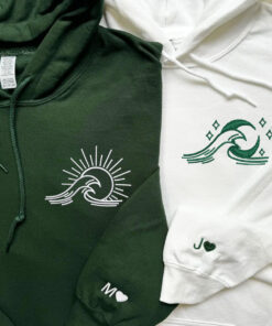 Custom Embroidered Sea Wave Sun And Moon Matching Hoodies for Couples, Personalized Couple Sweatshirt, Couple Embroidered Sweatshirt, Valentine's Day Gifts Idea For Him Her