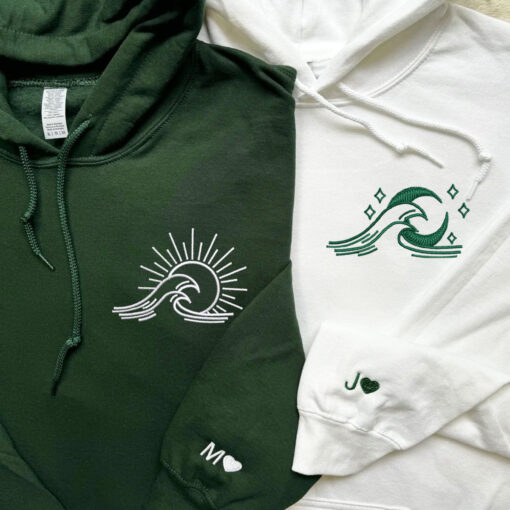 Custom Embroidered Sea Wave Sun And Moon Matching Hoodies for Couples, Personalized Couple Sweatshirt, Couple Embroidered Sweatshirt, Valentine's Day Gifts Idea For Him Her