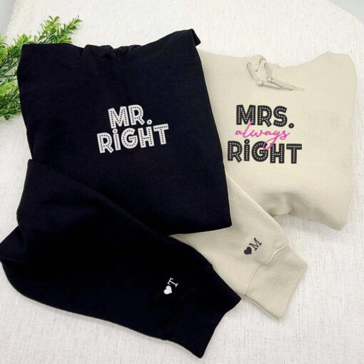 Mr Right x Mrs Always Right Custom Embroidered Matching Hoodies For Couples, Personalized Couple Sweatshirt, Couple Embroidered Sweatshirt, Valentine's Day Gifts Idea For Him Her - Image 2