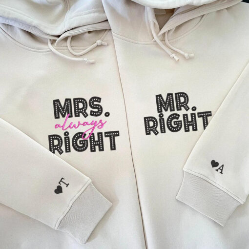 Mr Right x Mrs Always Right Custom Embroidered Matching Hoodies For Couples, Personalized Couple Sweatshirt, Couple Embroidered Sweatshirt, Valentine's Day Gifts Idea For Him Her