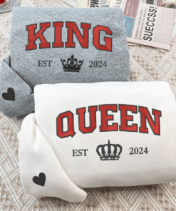Custom Embroidered King and Queen Custom with Est Year Matching Hoodies for Couples, Personalized Couple Sweatshirt, Couple Embroidered Sweatshirt, Valentine's Day Gifts Idea For Him Her