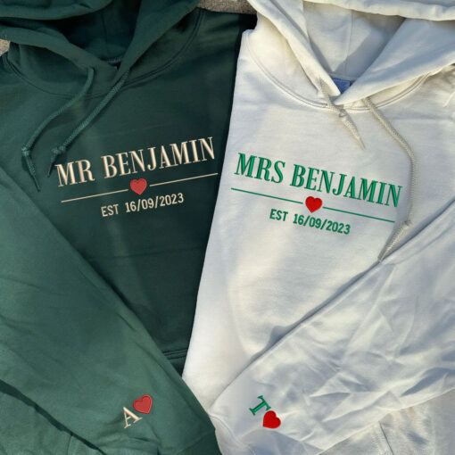 Embroidered Mr & Mrs with Est Year Hoodie or Sweatshirt, Personalized Couple Sweatshirt, Couple Embroidered Sweatshirt, Valentine's Day Gifts Idea For Him Her
