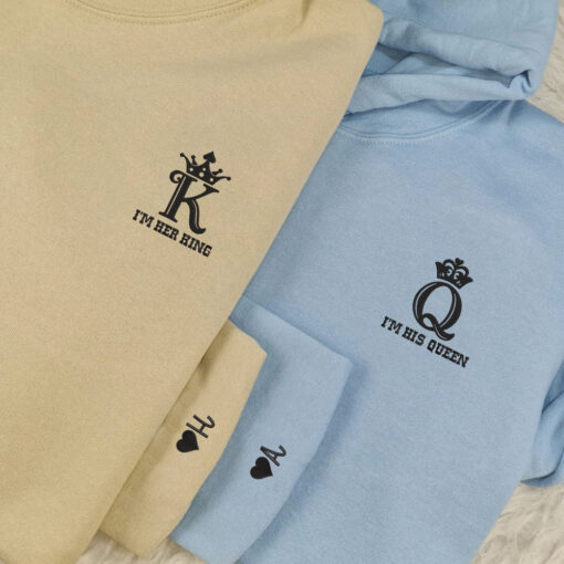 His King x Her King Custom Embroidered Matching Hoodies For Couples, Personalized Couple Sweatshirt, Couple Embroidered Sweatshirt, Valentine's Day Gifts Idea For Him Her