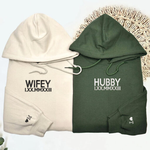 Hubby x Wifey Custom Embroidered Matching Hoodies For Couples, Personalized Couple Sweatshirt, Couple Embroidered Sweatshirt, Valentine's Day Gifts Idea For Him Her
