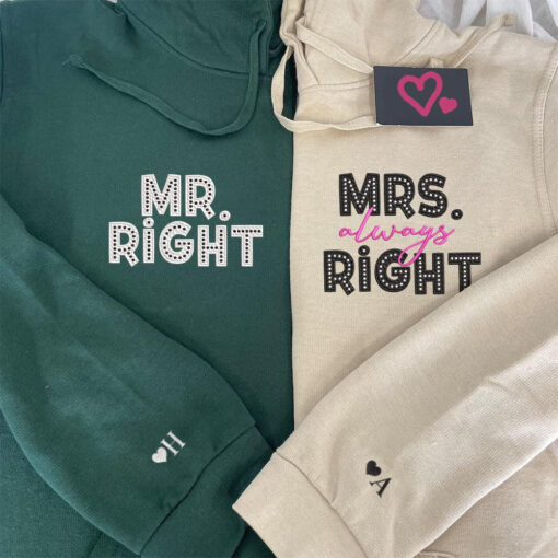 Mr Right x Mrs Always Right Pocket Custom Embroidered Matching Hoodies For Couples, Personalized Couple Sweatshirt, Couple Embroidered Sweatshirt, Valentine's Day Gifts Idea For Him Her - Image 2
