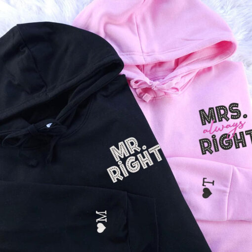 Mr Right x Mrs Always Right Pocket Custom Embroidered Matching Hoodies For Couples, Personalized Couple Sweatshirt, Couple Embroidered Sweatshirt, Valentine's Day Gifts Idea For Him Her - Image 3