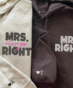Mr Right x Mrs Always Right Pocket Custom Embroidered Matching Hoodies For Couples, Personalized Couple Sweatshirt, Couple Embroidered Sweatshirt, Valentine's Day Gifts Idea For Him Her