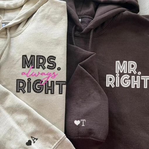 Mr Right x Mrs Always Right Pocket Custom Embroidered Matching Hoodies For Couples, Personalized Couple Sweatshirt, Couple Embroidered Sweatshirt, Valentine's Day Gifts Idea For Him Her