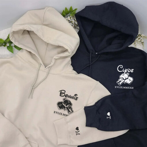 Embroidered Bonnie and Clyde Matching Sets Hoodies with Roman Numerals, Personalized Couple Sweatshirt, Couple Embroidered Sweatshirt, Valentine's Day Gifts Idea For Him Her - Image 2