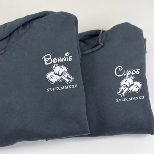Embroidered Bonnie and Clyde Matching Sets Hoodies with Roman Numerals, Personalized Couple Sweatshirt, Couple Embroidered Sweatshirt, Valentine's Day Gifts Idea For Him Her - Image 3