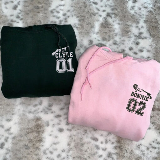 Embroidered Bonnie and Clyde Varsity Hoodies or Sweatshirts, Personalized Couple Sweatshirt, Couple Embroidered Sweatshirt, Valentine's Day Gifts Idea For Him Her - Image 3