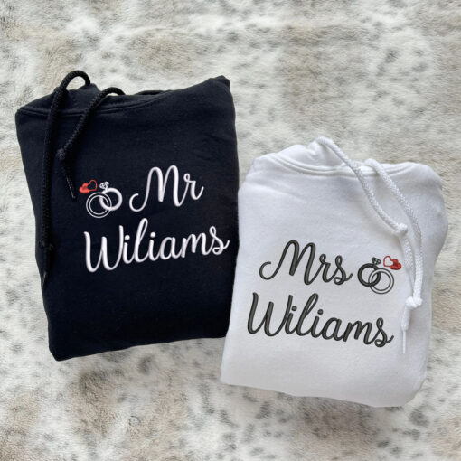 Embroidered Mr & Mrs Hoodies or Sweatshirts with Custom on Sleeve, Personalized Couple Sweatshirt, Couple Embroidered Sweatshirt, Valentine's Day Gifts Idea For Him Her - Image 2