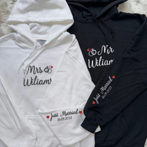 Embroidered Mr & Mrs Hoodies or Sweatshirts with Custom on Sleeve, Personalized Couple Sweatshirt, Couple Embroidered Sweatshirt, Valentine's Day Gifts Idea For Him Her - Image 3