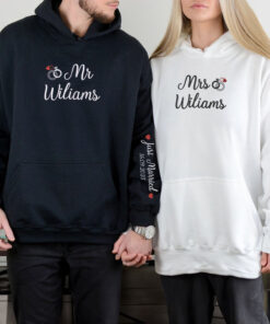 Embroidered Mr & Mrs Hoodies or Sweatshirts with Custom on Sleeve, Personalized Couple Sweatshirt, Couple Embroidered Sweatshirt, Valentine's Day Gifts Idea For Him Her