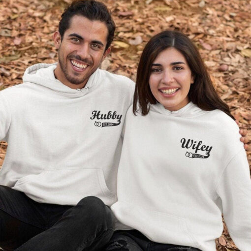 Custom Couple Matching Hubby and Wifey Embroidered Hoodie, Personalized Couple Sweatshirt, Couple Embroidered Sweatshirt, Valentine's Day Gifts Idea For Him Her - Image 3